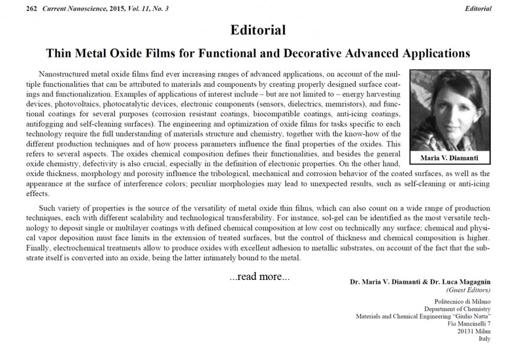Current Nanoscience - Special issue: Thin Metal Oxide Films for Functional and Decorative Advanced Applications - See more at special issue website. Guest editors: Maria Vittoria Diamanti, Luca Magagnin